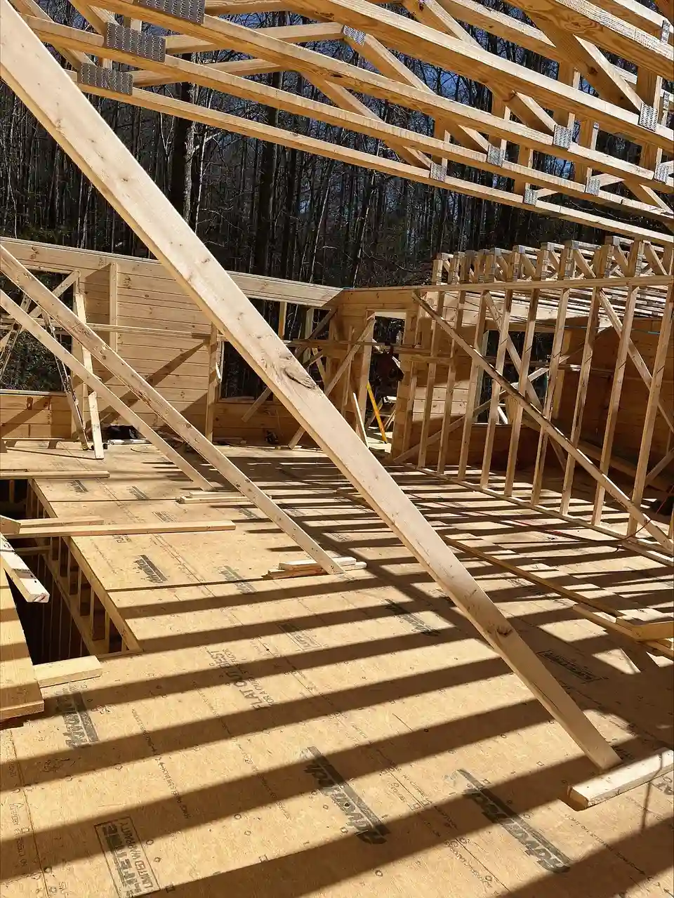 Floor system and wall panels on a build where cut lumber is being used